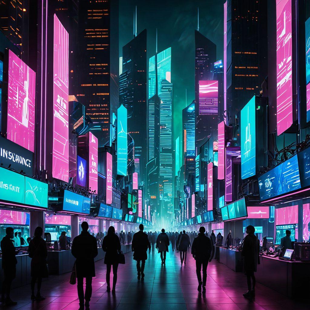 A futuristic cityscape representing the digital insurance landscape, with overlapping digital screens displaying various essential coverage options like health, auto, and home insurance. People are interacting with holographic interfaces, pondering their choices amidst vibrant neon lights. Incorporate symbols of security, such as shields and locks, to convey protection. The composition should feel modern and tech-savvy. cyberpunk. vibrant colors. 3D.