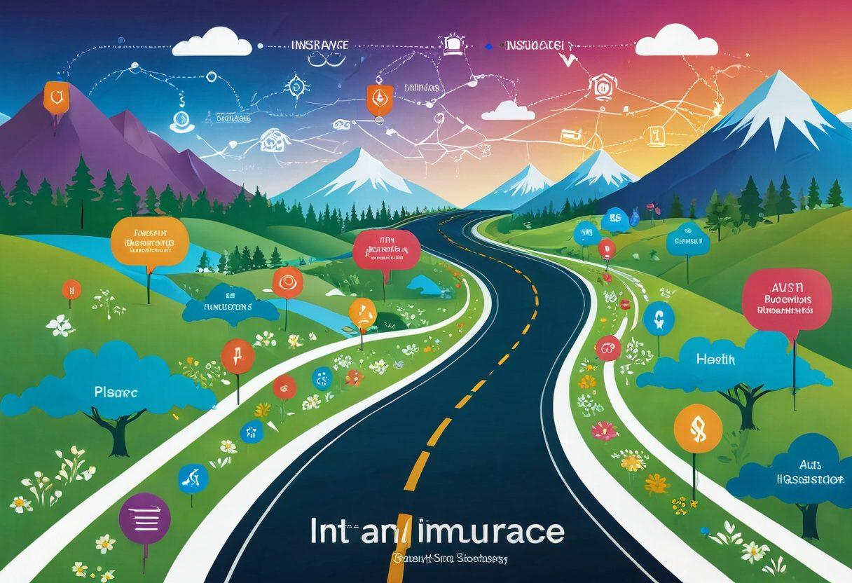 A detailed roadmap illustrating a journey through various insurance policies and plans, featuring symbols representing health, auto, home, and life insurance along the path. The background showcases a digital landscape with vibrant connections and nodes depicting online navigation, evoking a sense of exploration and clarity. Bright colors and engaging icons enhance the understanding of complex concepts. super-realistic. vibrant colors. digital art.