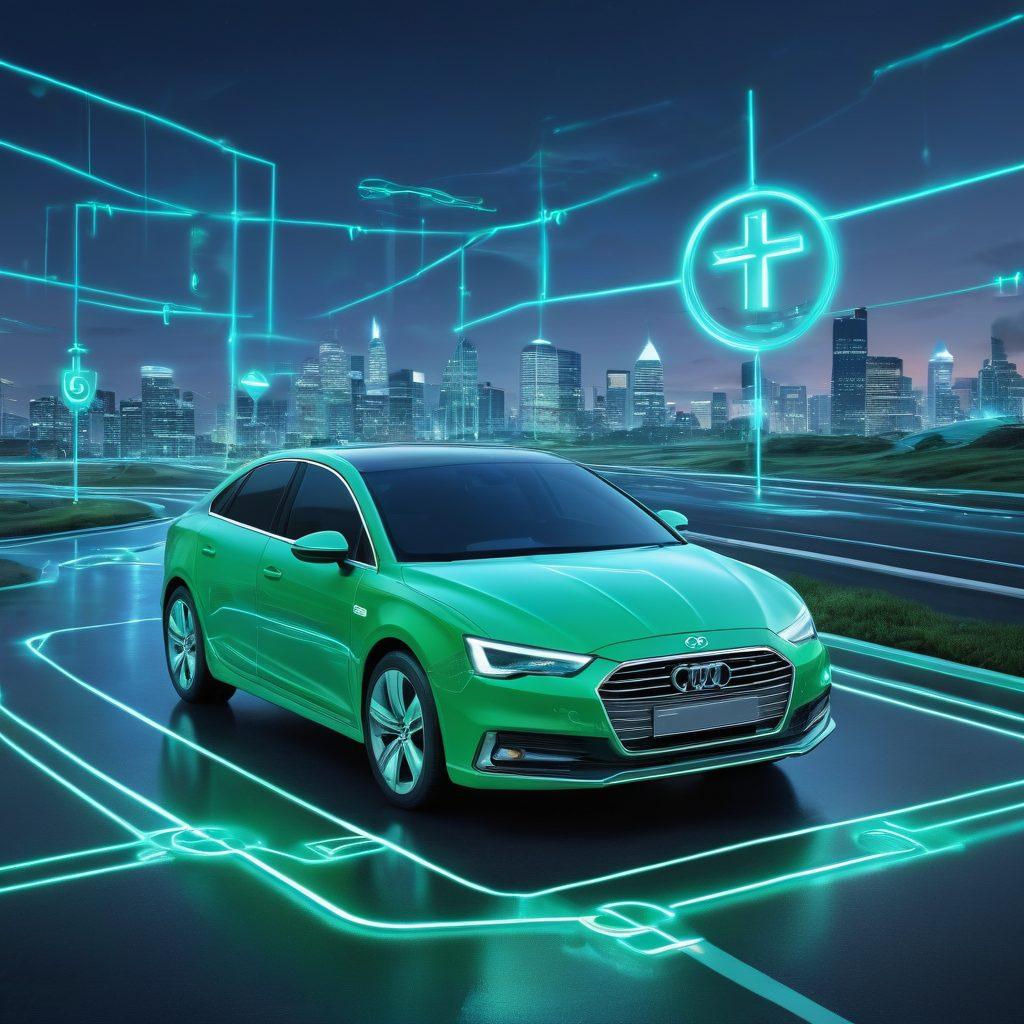A futuristic digital landscape showcasing a collage of insurance symbols: a car, a medical cross, and digital devices interconnected with glowing lines. The scene captures the blend of technology and safety, illustrating the evolution from auto insurance to comprehensive health coverage. Incorporate a gradient of blue and green tones to represent security and vitality. super-realistic. vibrant colors. 3D.